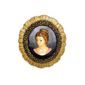 Antique Victorian Lady Sculpture Bust Hanging Oval Chalkware Frame, Baroque